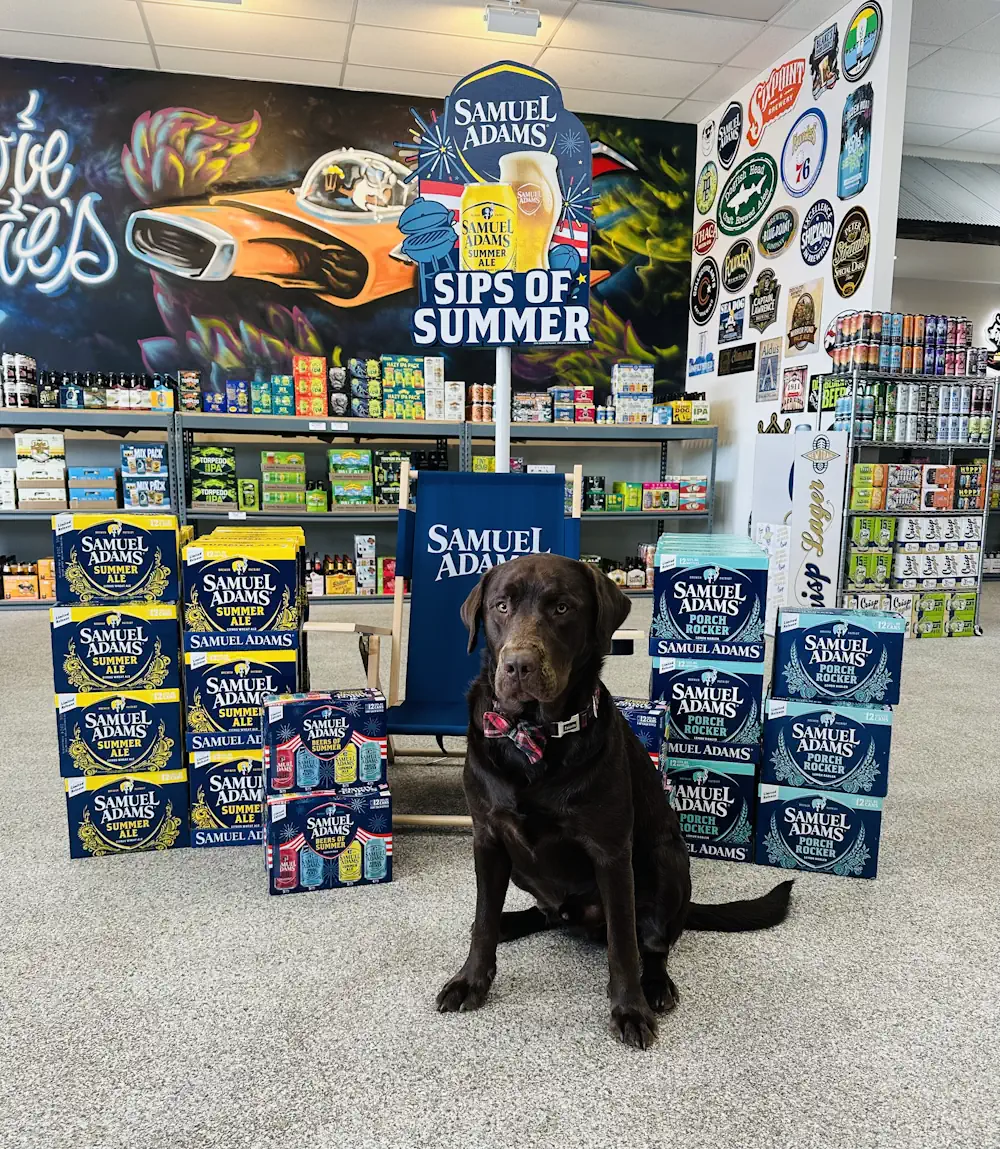 Boozer, the store's chocolate Labrador, wearing a plaid bow tie in front of the Brewie Louie's mural