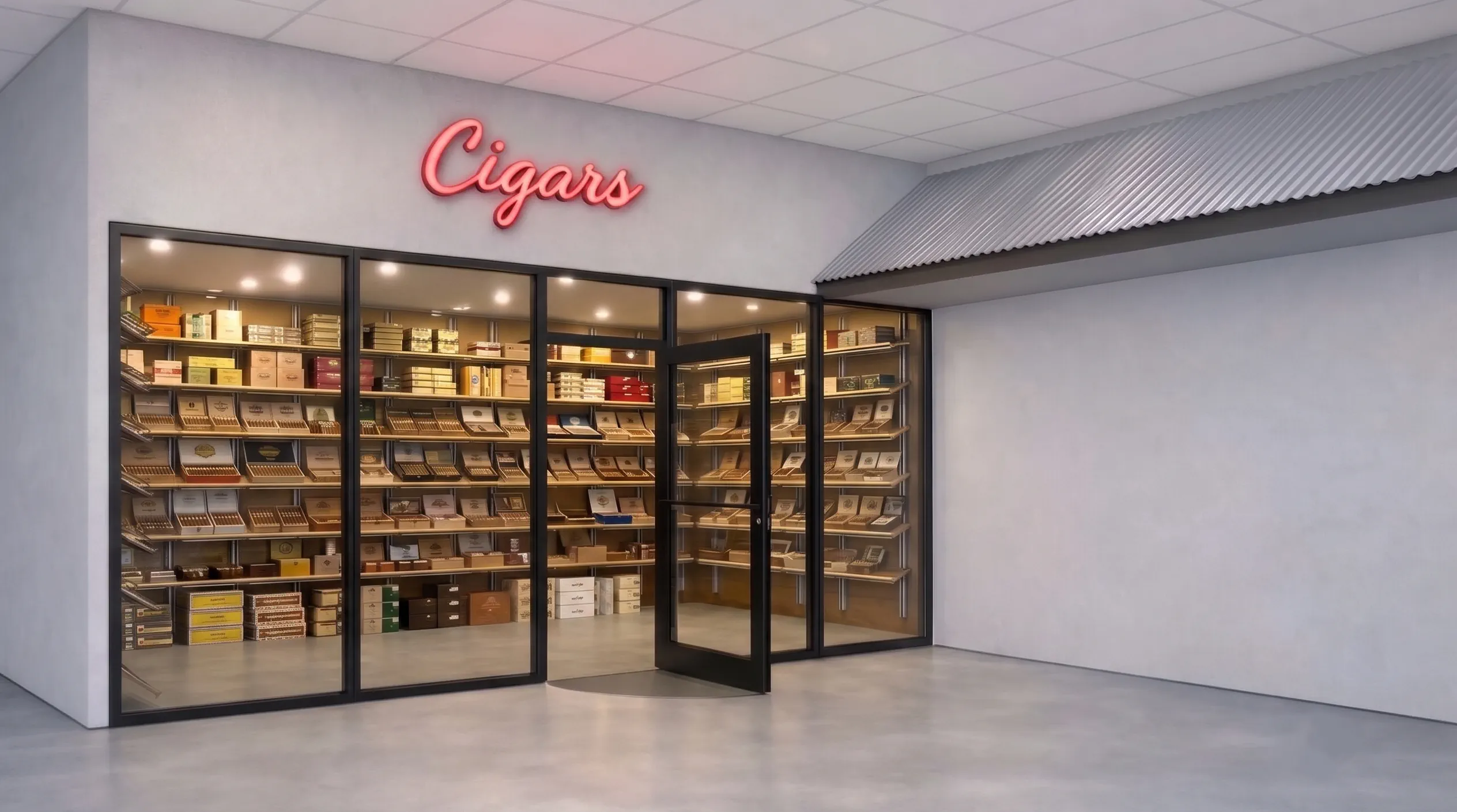 Brewie Louie's walk-in humidor with glass cabinetry and Cigars neon sign